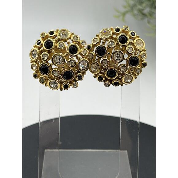 SWAROVSKI Swan Vintage Large Round Black, Clear Crystal Gold Tone Clip Earrings - Picture 15 of 16